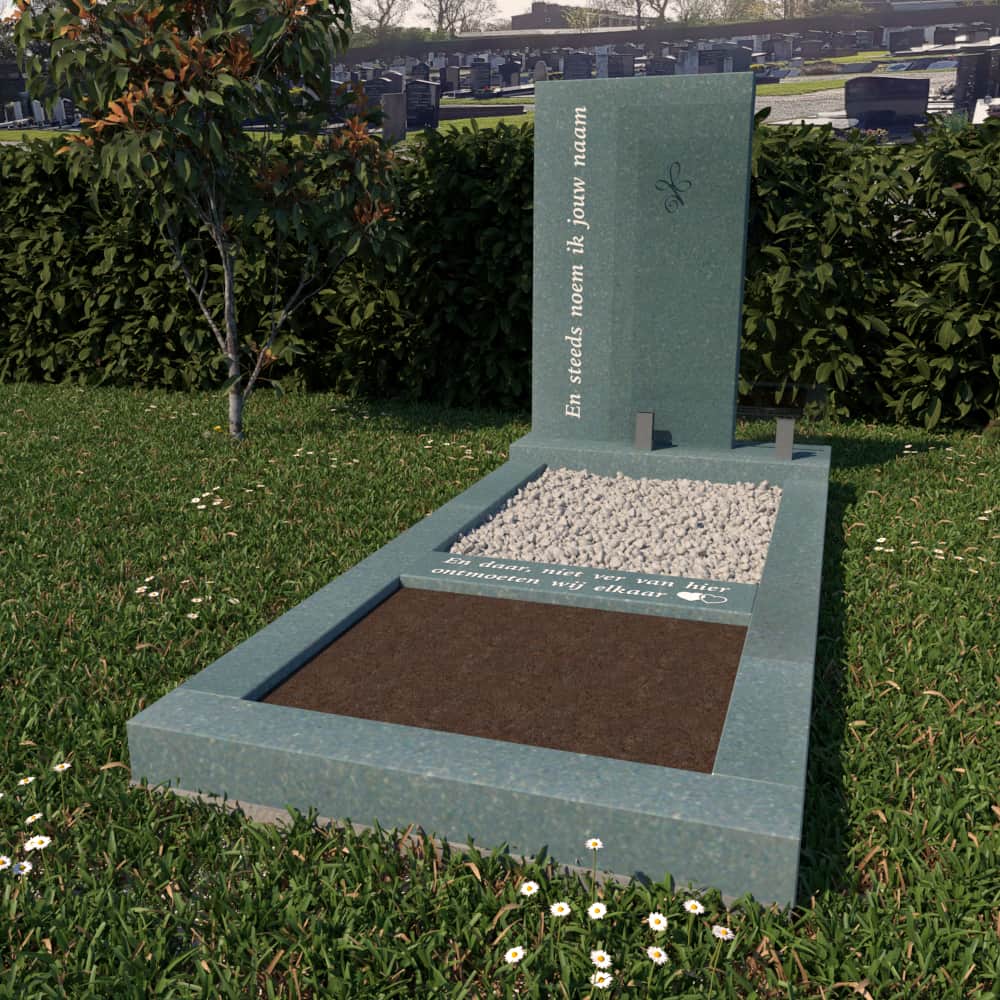 Gedenksteen_Groen_glas_rvs_natuursteen_graniet_mat_gezoet_grind_planten_Katwijk