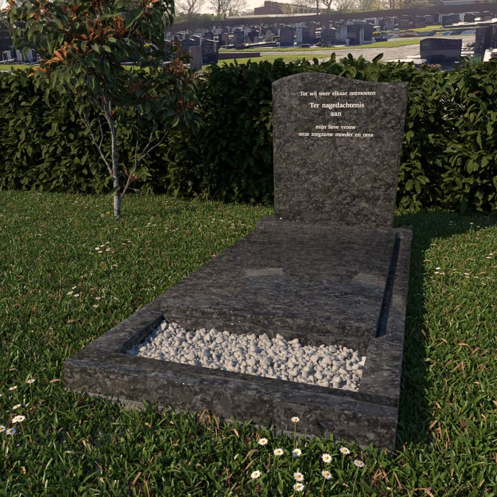 Grafmonument_Graniet_gepolijst_golf_planten_grind_Grijs_zwart_glimmend_dekplaat_Noordwijkerhout